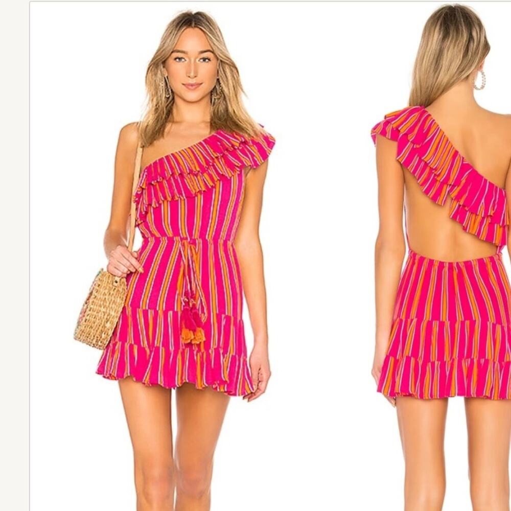 Lovers and Friends Amity Mini One Shoulder Festival Dress Pink Orange Stripe XL